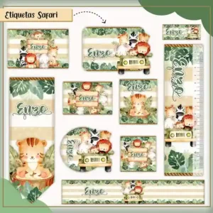 Kit de etiqueta escolar no tema Safari nos formatos Studio, PNG, CDR e PDF em alta resolução para cadernos e livros.