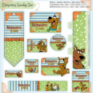 Kit de etiquetas escolares para imprimir tema Scooby Doo em alta resolução para cadernos, livros e materiais.