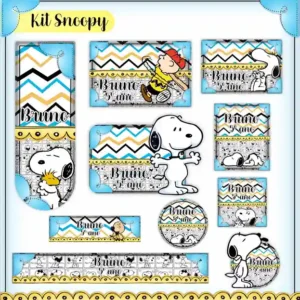 Kit de etiquetas escolares no tema Snoopy nos formatos Studio, PNG, CDR e PDF em alta resolução para cadernos.