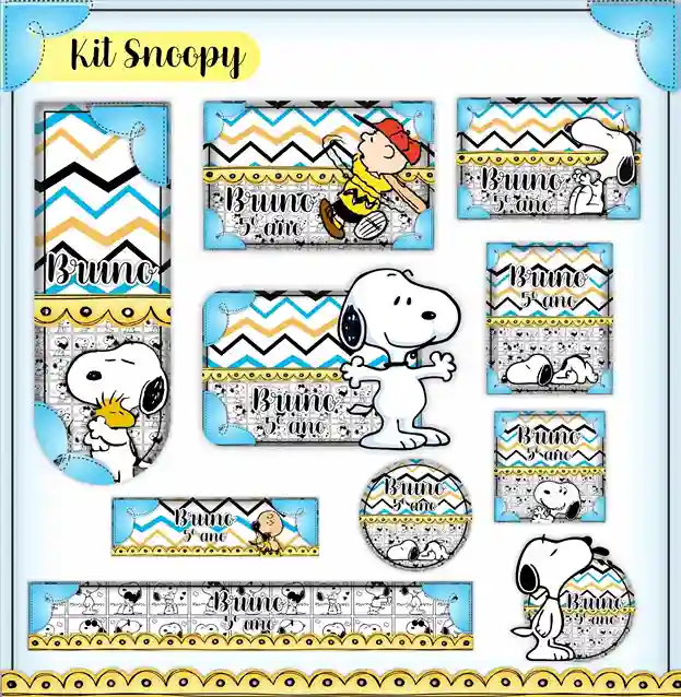 Kit de etiquetas escolares no tema Snoopy nos formatos Studio, PNG, CDR e PDF em alta resolução para cadernos.