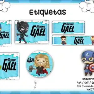 Kit de etiqueta escolar para imprimir no tema Super Heróis no formato PNG em alta resolução para cadernos e livros.