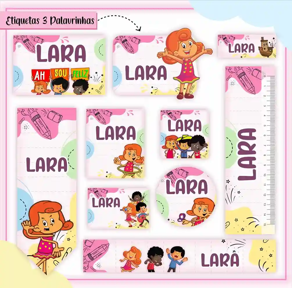 Kit de etiquetas escolares no tema 3 Palavrinhas Menina em alta resolução para cadernos, livros e papéis.