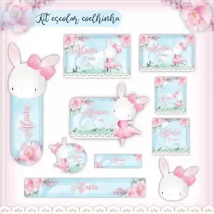 Kit de etiqueta escolar no tema Coelhinha Bailarina em alta resolução para cadernos, livros e material escolar.