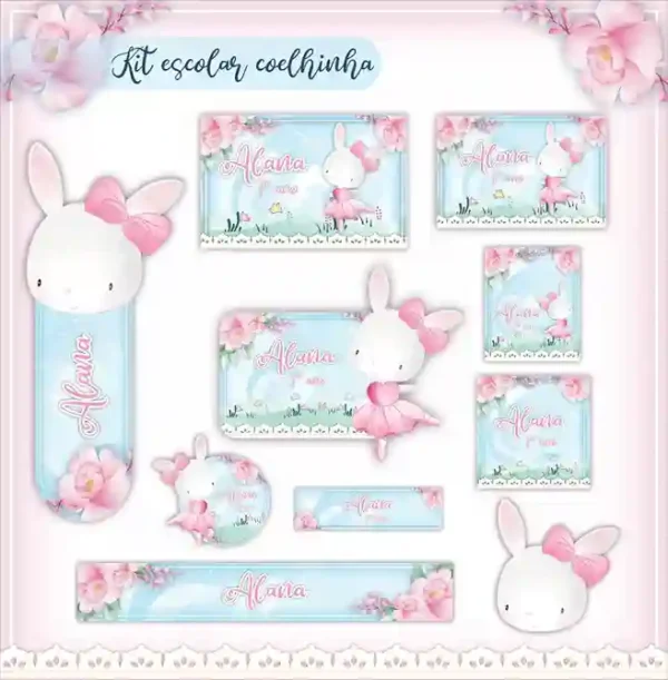 Kit de etiqueta escolar no tema Coelhinha Bailarina em alta resolução para cadernos, livros e material escolar.