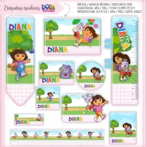 Kit de etiqueta escolar no tema Dora Aventureira em alta resolução para cadernos, livros e material escolar.
