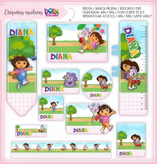 Kit de etiqueta escolar no tema Dora Aventureira em alta resolução para cadernos, livros e material escolar.