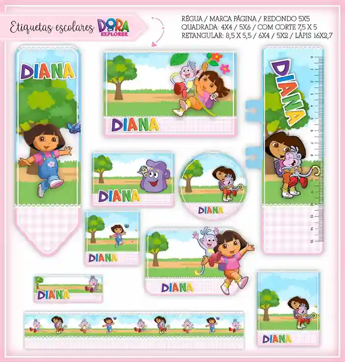 Kit de etiqueta escolar no tema Dora Aventureira em alta resolução para cadernos, livros e material escolar.