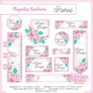 Kit de etiqueta escolar no tema Floral nos formatos Studio, PNG e PDF em alta resolução para cadernos e livros.