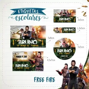 Kit de etiqueta escolar no tema Free Fire nos formatos Studio e PDF em alta resolução para cadernos e livros.