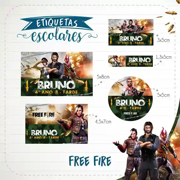Kit de etiqueta escolar no tema Free Fire nos formatos Studio e PDF em alta resolução para cadernos e livros.