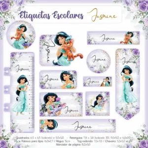 Kit de etiquetas escolares no tema Jasmine nos formatos Studio, PNG e PDF em alta resolução para cadernos.