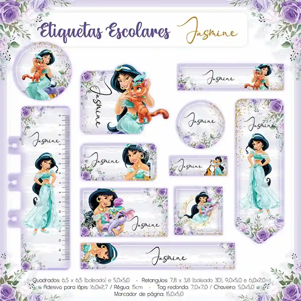 Kit de etiquetas escolares no tema Jasmine nos formatos Studio, PNG e PDF em alta resolução para cadernos.