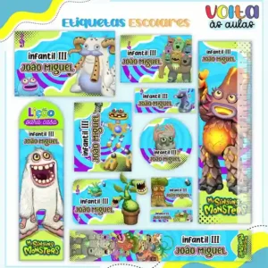 Kit de etiqueta escolar personalizada no tema My Singing Monsters no formato Studio para cadernos e livros.