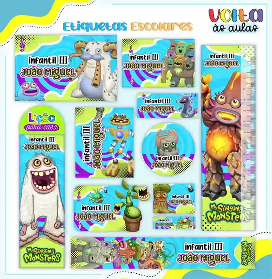 Kit de etiqueta escolar personalizada no tema My Singing Monsters no formato Studio para cadernos e livros.