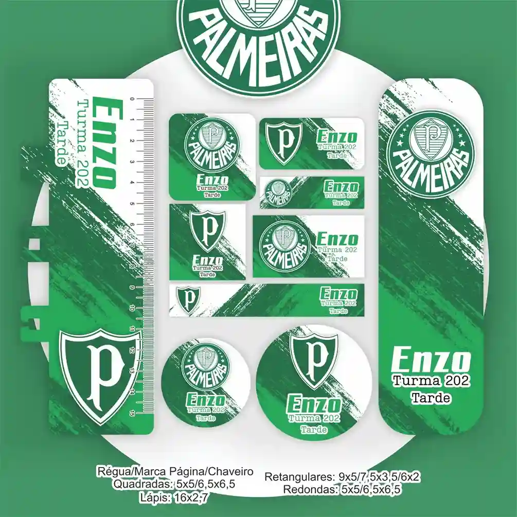 Kit de etiquetas escolares no tema Palmeiras nos formatos PDF e PNG em alta resolução para cadernos e materiais.