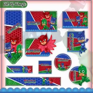 Kit de etiqueta escolar para imprimir no tema PJ Masks no formato Studio em alta resolução para cadernos e livros.