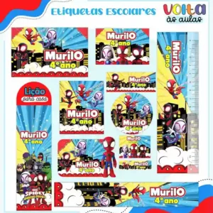 Kit de etiqueta escolar personalizada no tema Spidey e Seus Amigos no formato Studio para cadernos e livros.