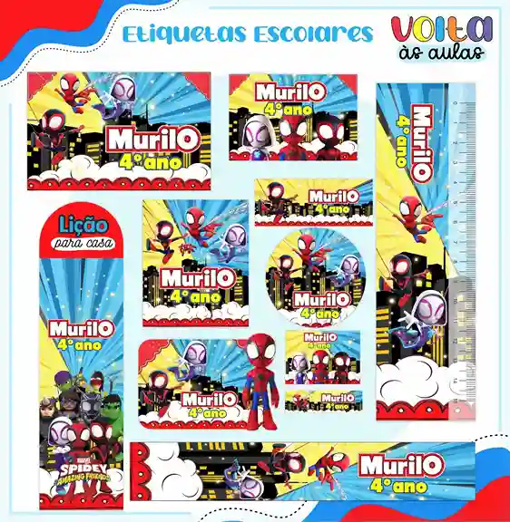 Kit de etiqueta escolar personalizada no tema Spidey e Seus Amigos no formato Studio para cadernos e livros.