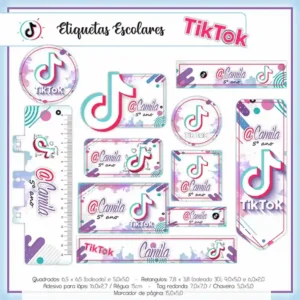 Kit de etiquetas escolares no tema Tik Tok nos formatos Studio, PNG e PDF em alta resolução para cadernos.