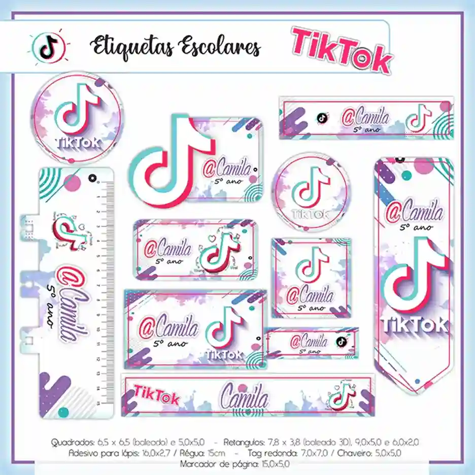 Kit de etiquetas escolares no tema Tik Tok nos formatos Studio, PNG e PDF em alta resolução para cadernos.