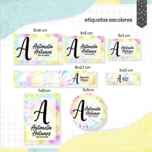Kit de etiquetas escolares tema Tie Dye nos formatos Studio, DXF, PNG e PDF em alta resolução para cadernos e livros.