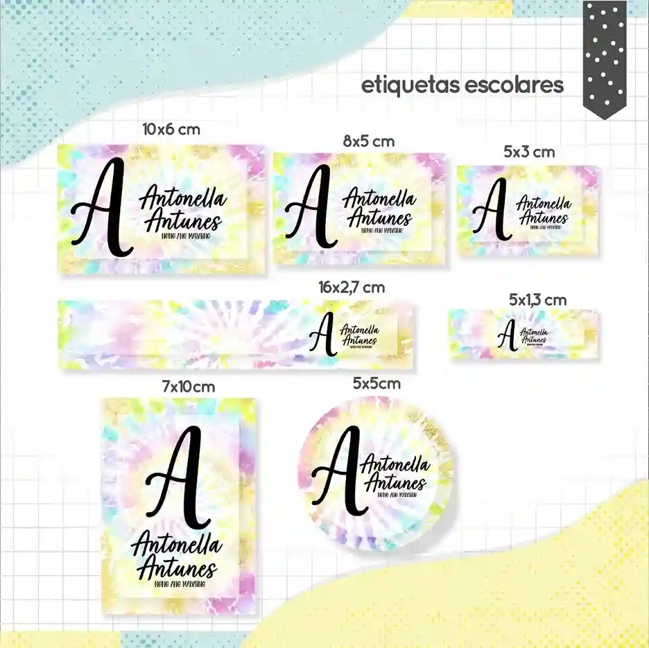 Kit de etiquetas escolares tema Tie Dye nos formatos Studio, DXF, PNG e PDF em alta resolução para cadernos e livros.