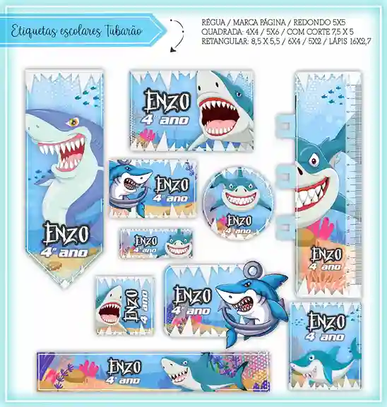 Kit de etiquetas escolares no tema Tubarão nos formatos Studio, PNG, CDR e PDF em alta resolução para cadernos.