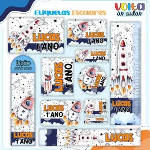 Kit de etiqueta escolar no tema Universo nos formatos Studio, PNG, CDR e PDF em alta resolução para cadernos e livros.