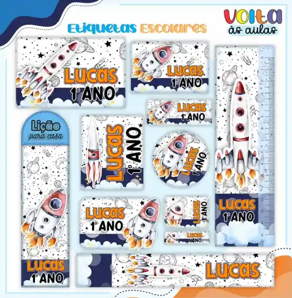 Kit de etiqueta escolar no tema Universo nos formatos Studio, PNG, CDR e PDF em alta resolução para cadernos e livros.