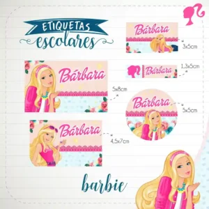 Kit de etiquetas escolares para editar e imprimir no tema Barbie em alta resolução para cadernos e livros.