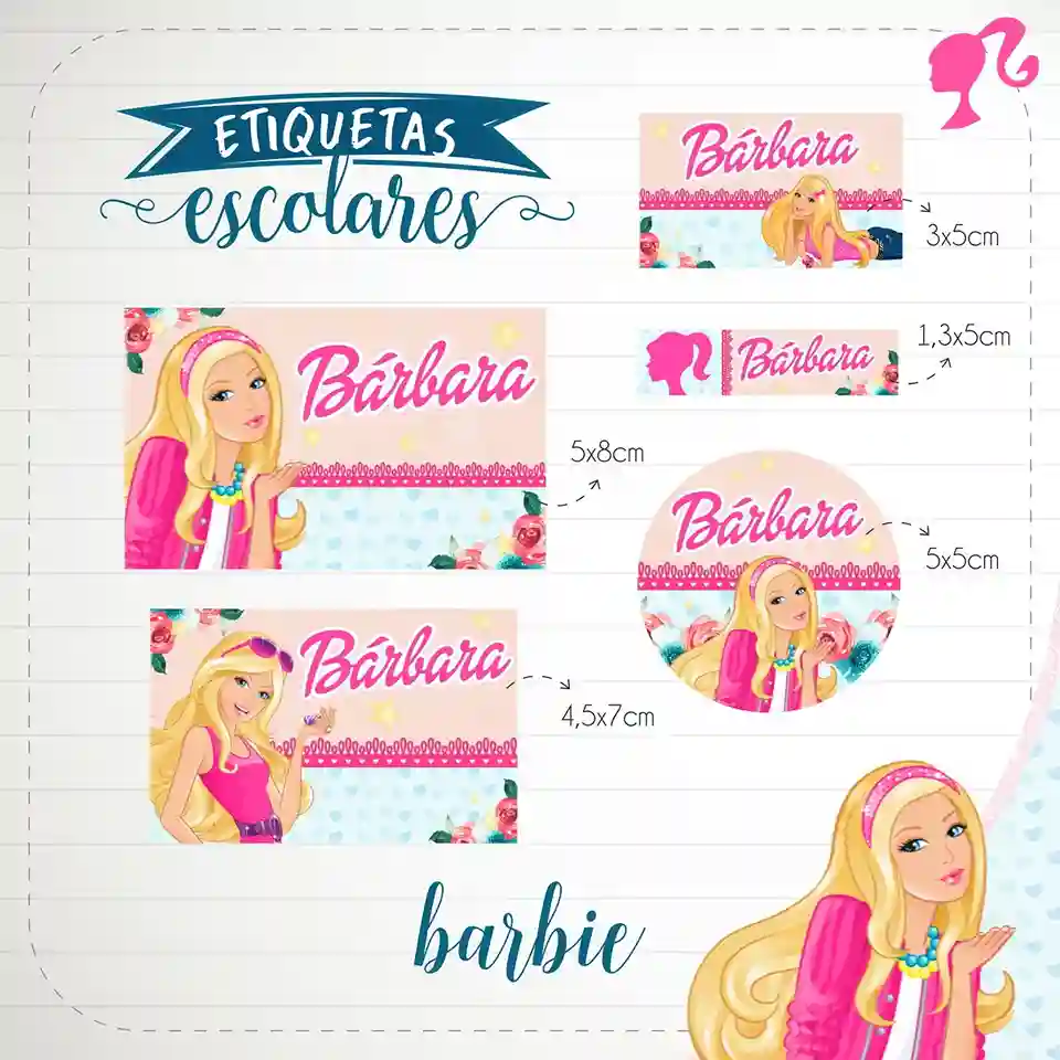 Kit de etiquetas escolares para editar e imprimir no tema Barbie em alta resolução para cadernos e livros.