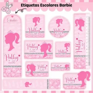 Kit de etiquetas escolares no tema Barbie nos formatos Studio, PNG, CDR e PDF em alta resolução para cadernos.