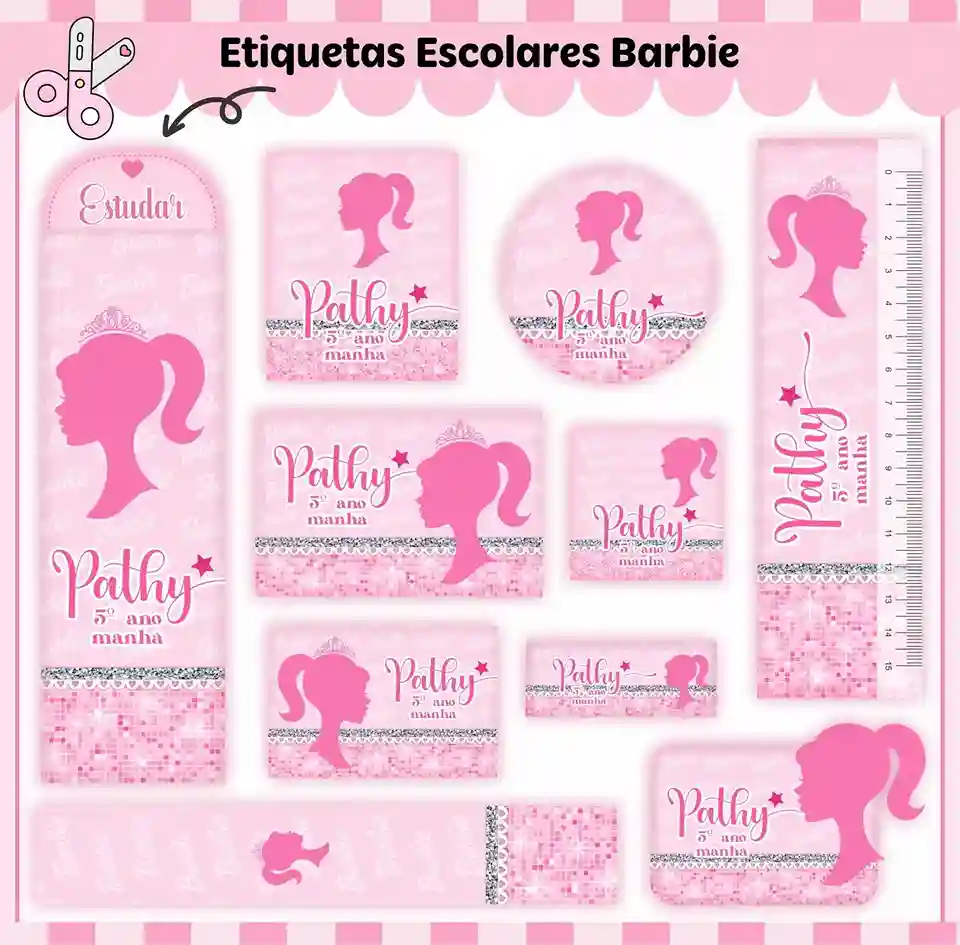 Kit de etiquetas escolares no tema Barbie nos formatos Studio, PNG, CDR e PDF em alta resolução para cadernos.