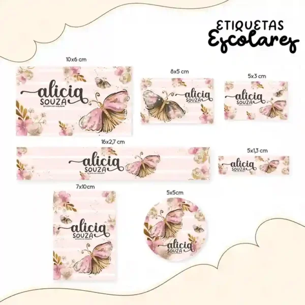 Kit de etiqueta escolar para imprimir no tema Borboleta Lilás em alta resolução para cadernos, livros e papéis.