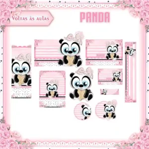 Kit de etiquetas escolares no tema Panda Menina nos formatos Studio e PDF em alta resolução para cadernos.
