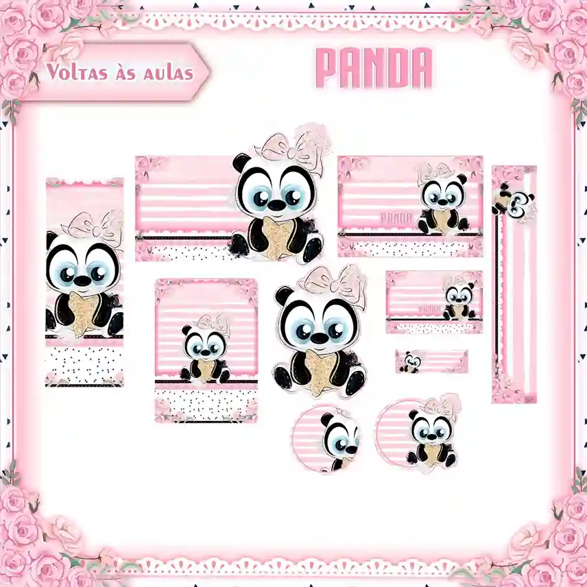 Kit de etiquetas escolares no tema Panda Menina nos formatos Studio e PDF em alta resolução para cadernos.