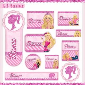 Kit de etiqueta escolar personalizada no tema Barbie em alta resolução para cadernos, livros e materiais escolares.