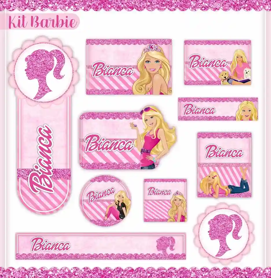 Kit de etiqueta escolar personalizada no tema Barbie em alta resolução para cadernos, livros e materiais escolares.