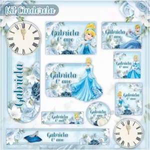 Kit de etiqueta escolar personalizada no tema Cinderela em alta resolução para cadernos, livros e materiais escolares.