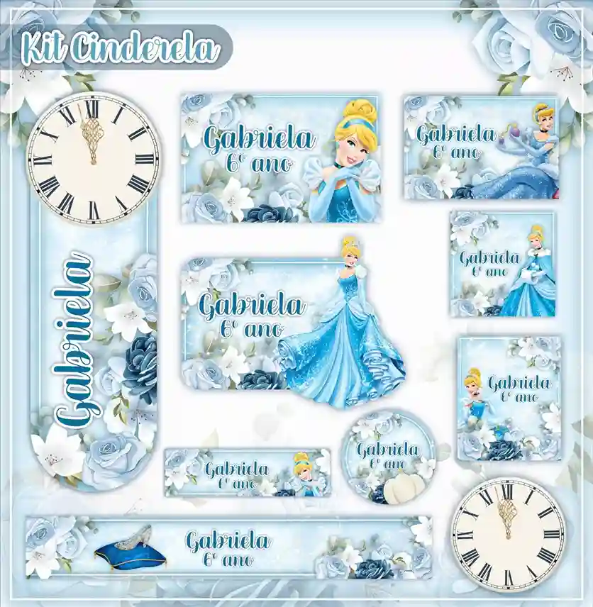 Kit de etiqueta escolar personalizada no tema Cinderela em alta resolução para cadernos, livros e materiais escolares.