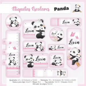 Kit de etiqueta escolar personalizada no tema Panda em alta resolução para cadernos, livros e materiais escolares.