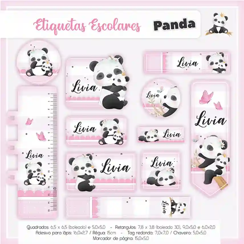 Kit de etiqueta escolar personalizada no tema Panda em alta resolução para cadernos, livros e materiais escolares.