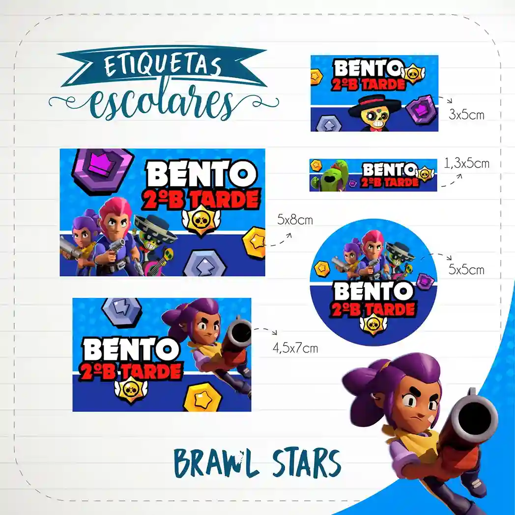 Kit de etiquetas escolares no tema Brawl Stars nos formatos Studio e PDF em alta resolução para cadernos e livros.
