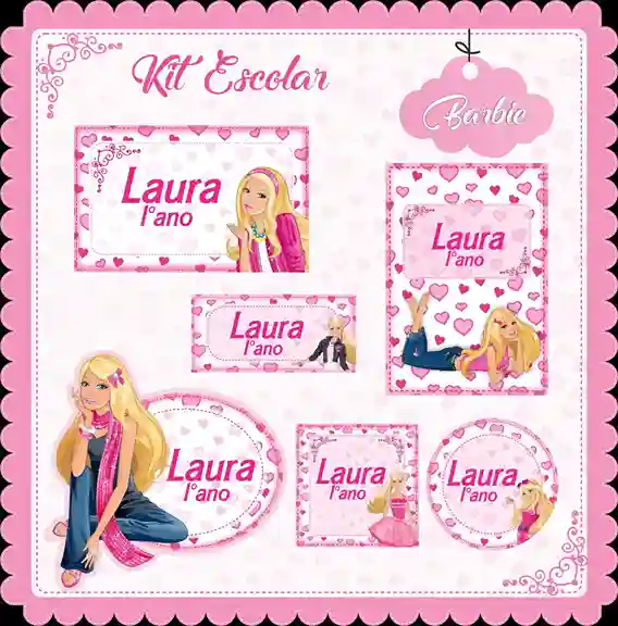 Kit de etiquetas escolares para imprimir no tema Barbie em alta resolução para cadernos, livros e papéis.