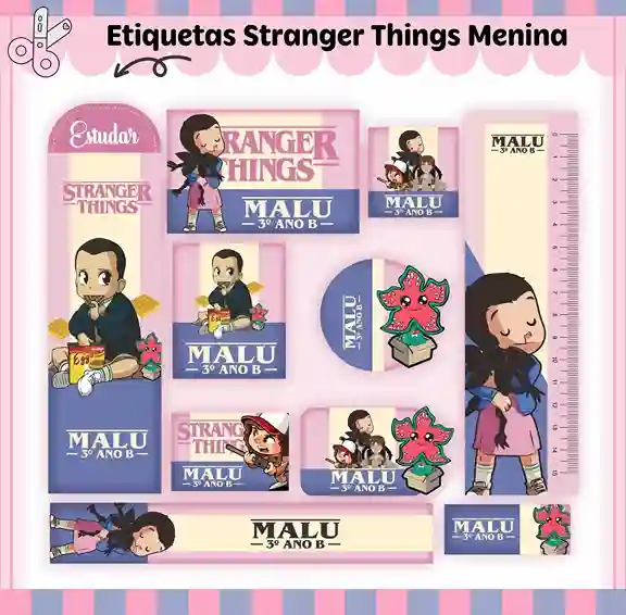 Kit de adesivo digital escolar no tema Stranger Things no formato Studio em alta resolução para cadernos e materiais.