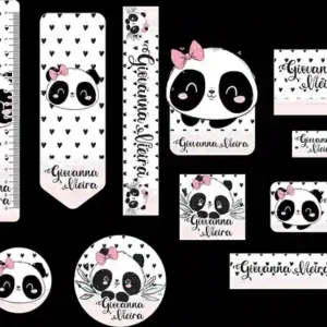 Kit adesivo escolar digital panda em etiqueta para caderno e lápis para imprimir e editar
