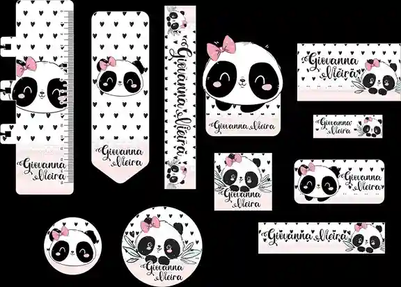 Kit adesivo escolar digital panda em etiqueta para caderno e lápis para imprimir e editar