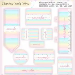 Kit de adesivo escolar editável no tema Candy Colors no formato Studio em alta resolução para cadernos e livros.