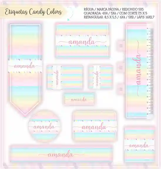Kit de adesivo escolar editável no tema Candy Colors no formato Studio em alta resolução para cadernos e livros.