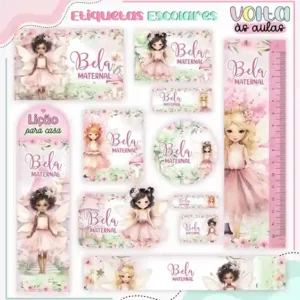 Kit adesivo escolar fadas em etiquetas para caderno e lápis para imprimir e editar